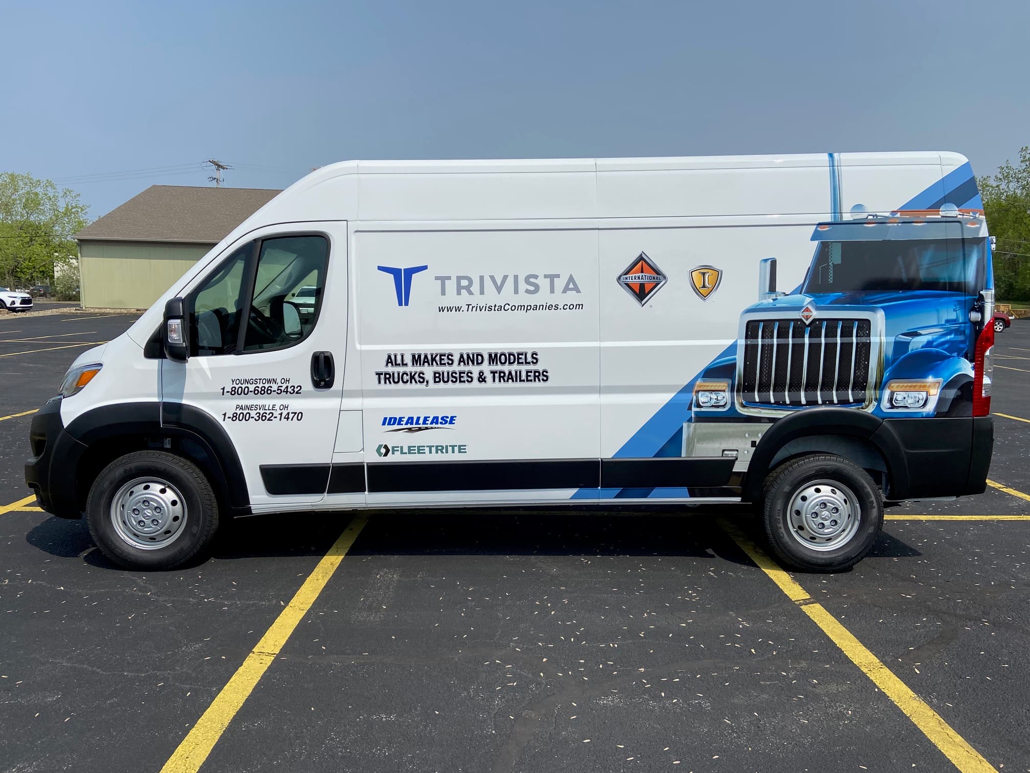 Trivista high-roof Promaster van with full wrap, side profile