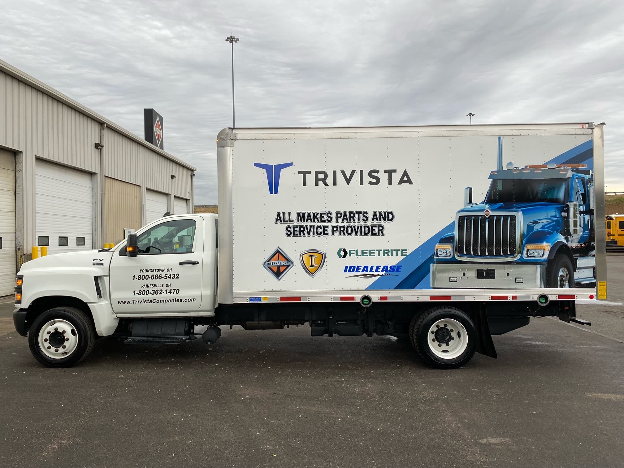 Trivista International box truck with All Makes Parts And Service Provider wrap