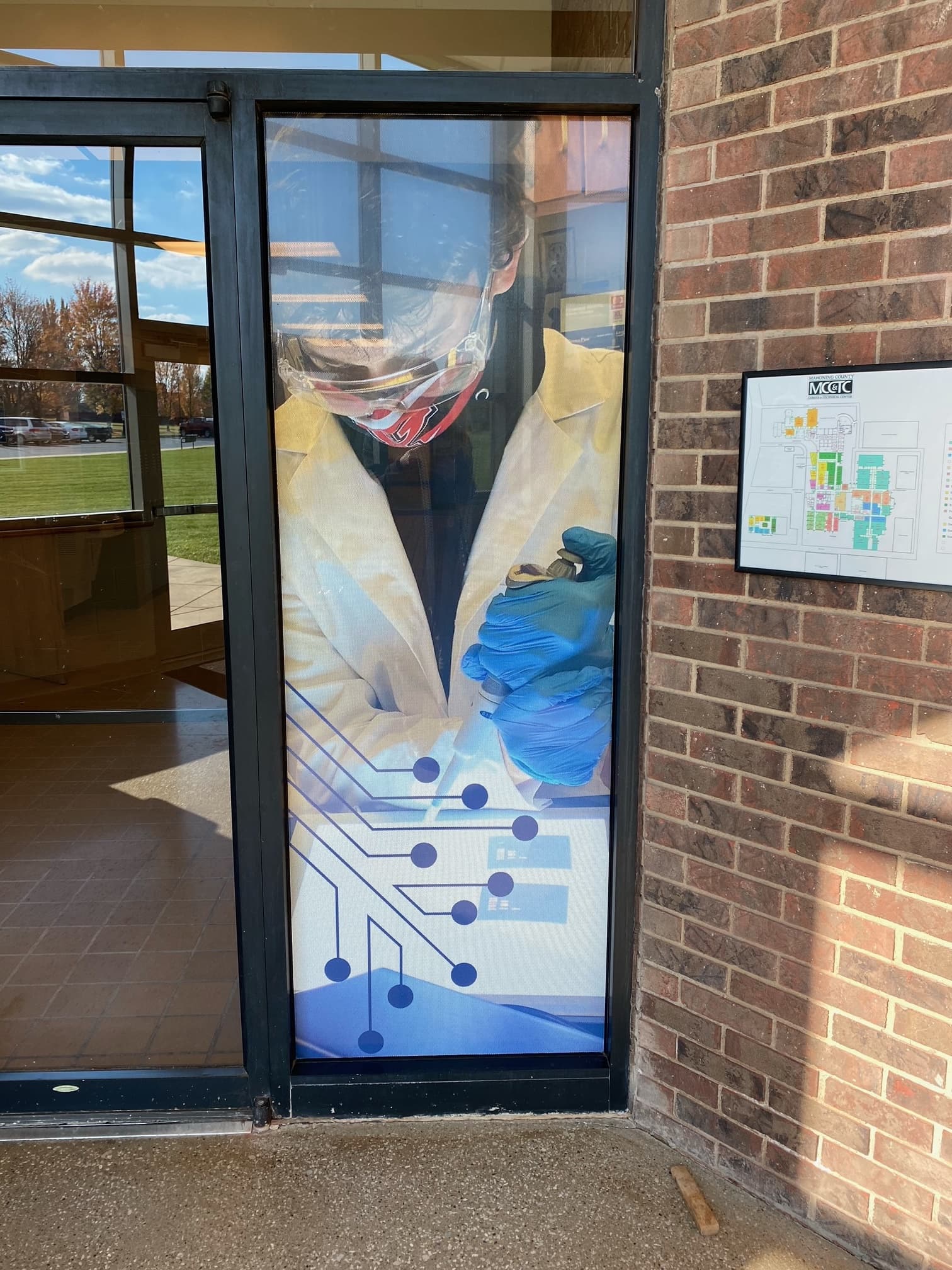 MCCTC STEM corridor entrance with etched glass identity