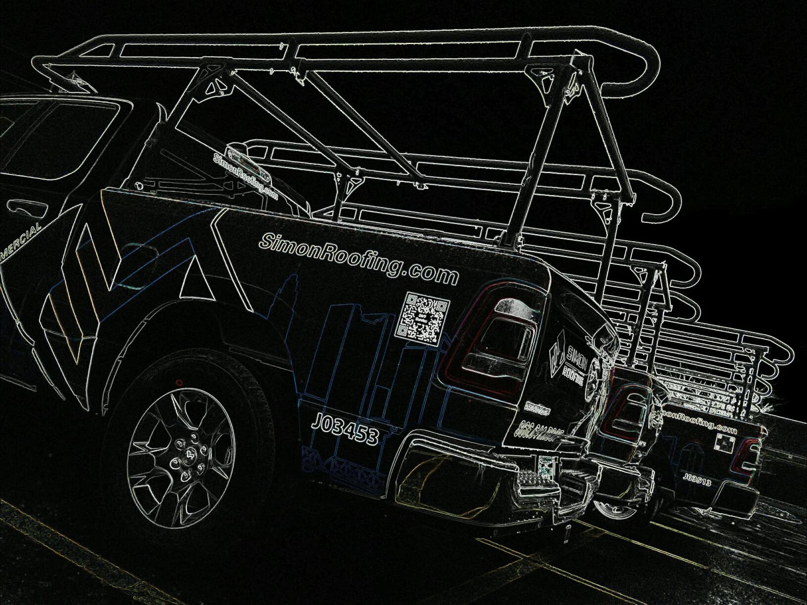 Simon Roofing service truck with ladder rack, post wrap