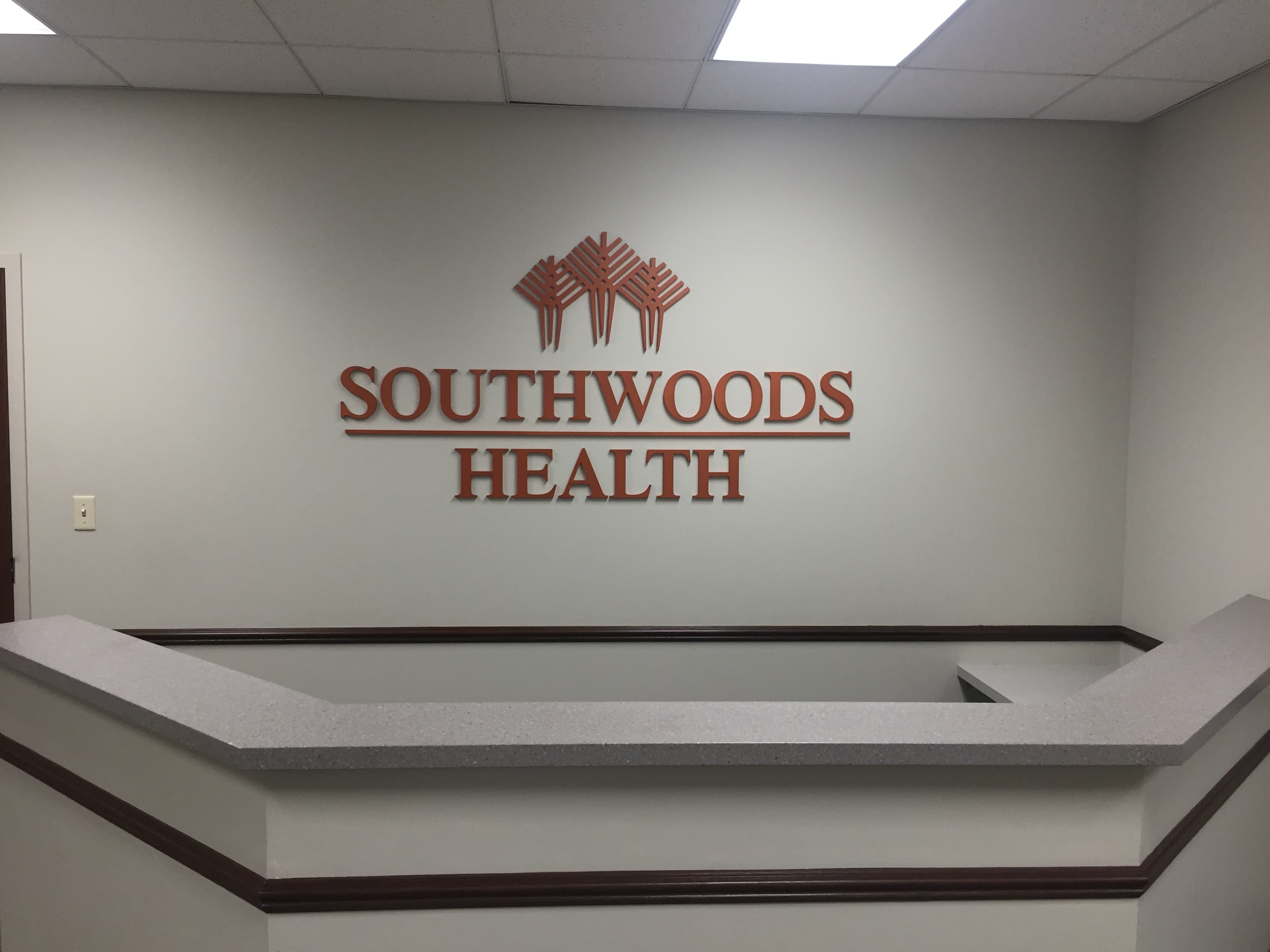 Interior dimensional acrylic logo signage on the third floor of the Southwoods 250 Building