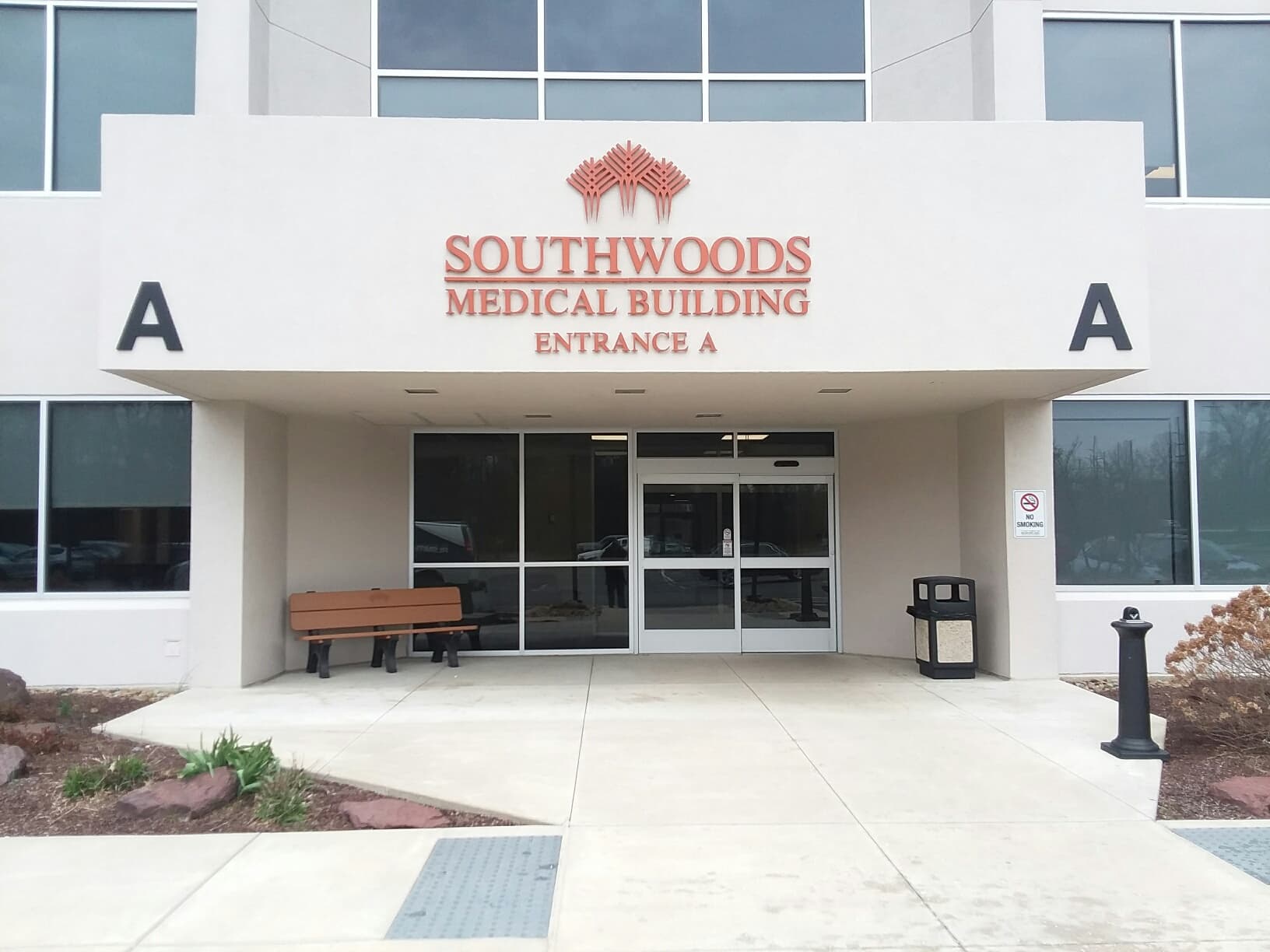 Southwoods 250 Building exterior entrance with installed acrylic signage