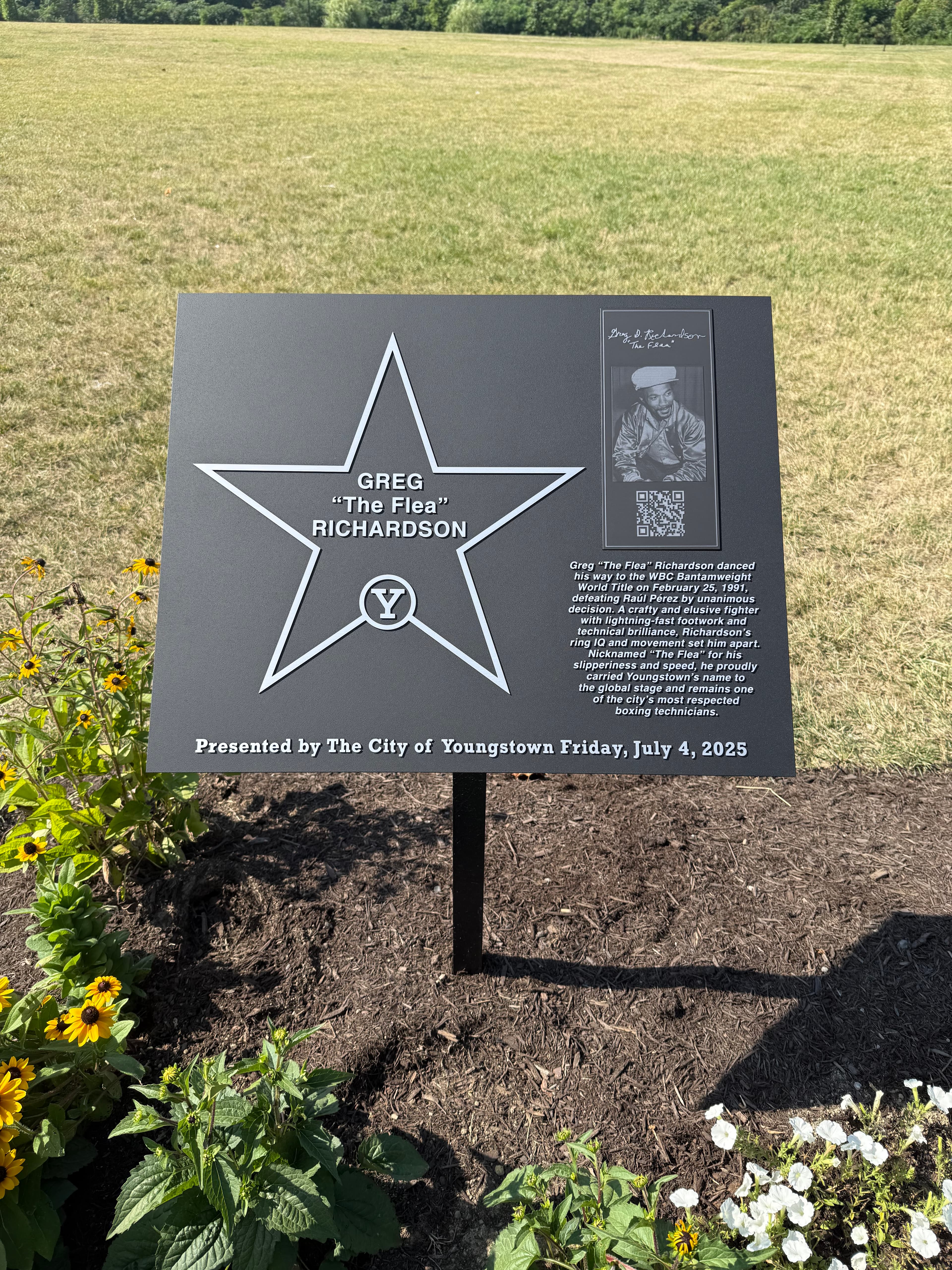 Greg Richardson Walk of Fame plaque detail with QR code and presentation note from the City of Youngstown