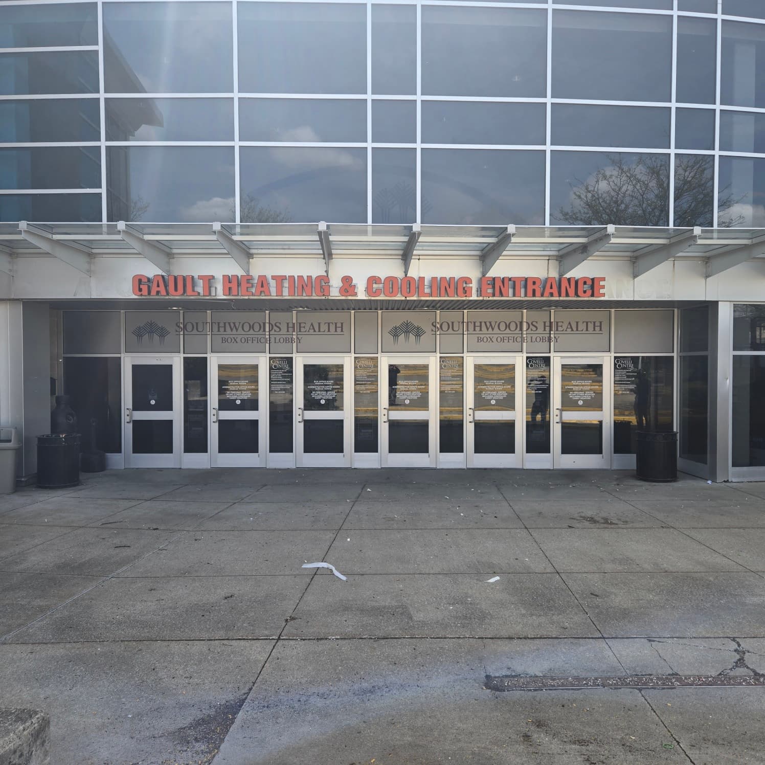 Gault Heating & Cooling channel letters above the Southwoods Health Box Office Lobby doors at Covelli Centre